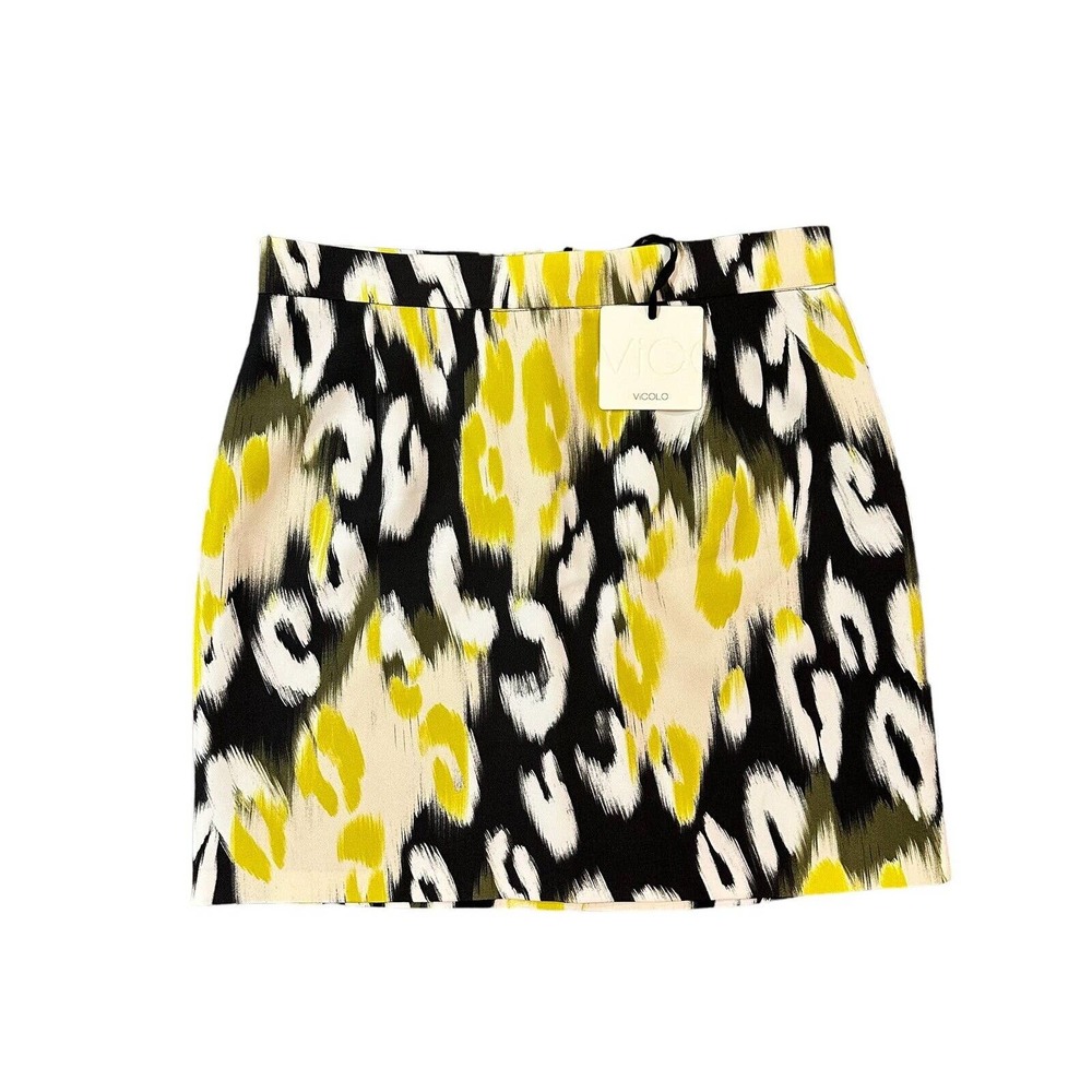 NWT VICOLO Women’s Mini Skirt Black White Yellow Abstract Print Italian Made - S